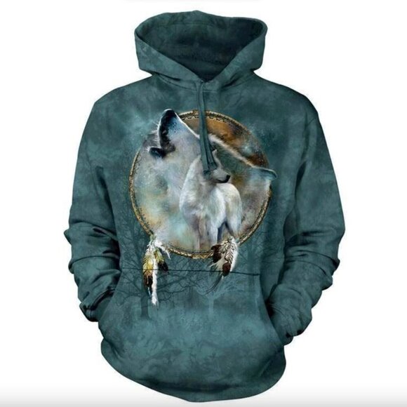 The Mountain Unisex Medium Wolf Spirit Hooded Sweatshirt Tie Dye Teal Hoodie - Picture 1 of 16
